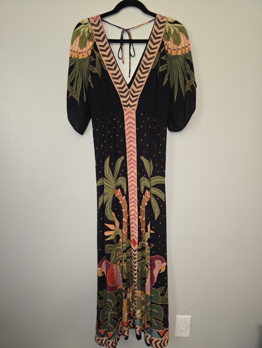 Anthropologie Black Maxi Dress with Tropical Green & Peach Print XS/S